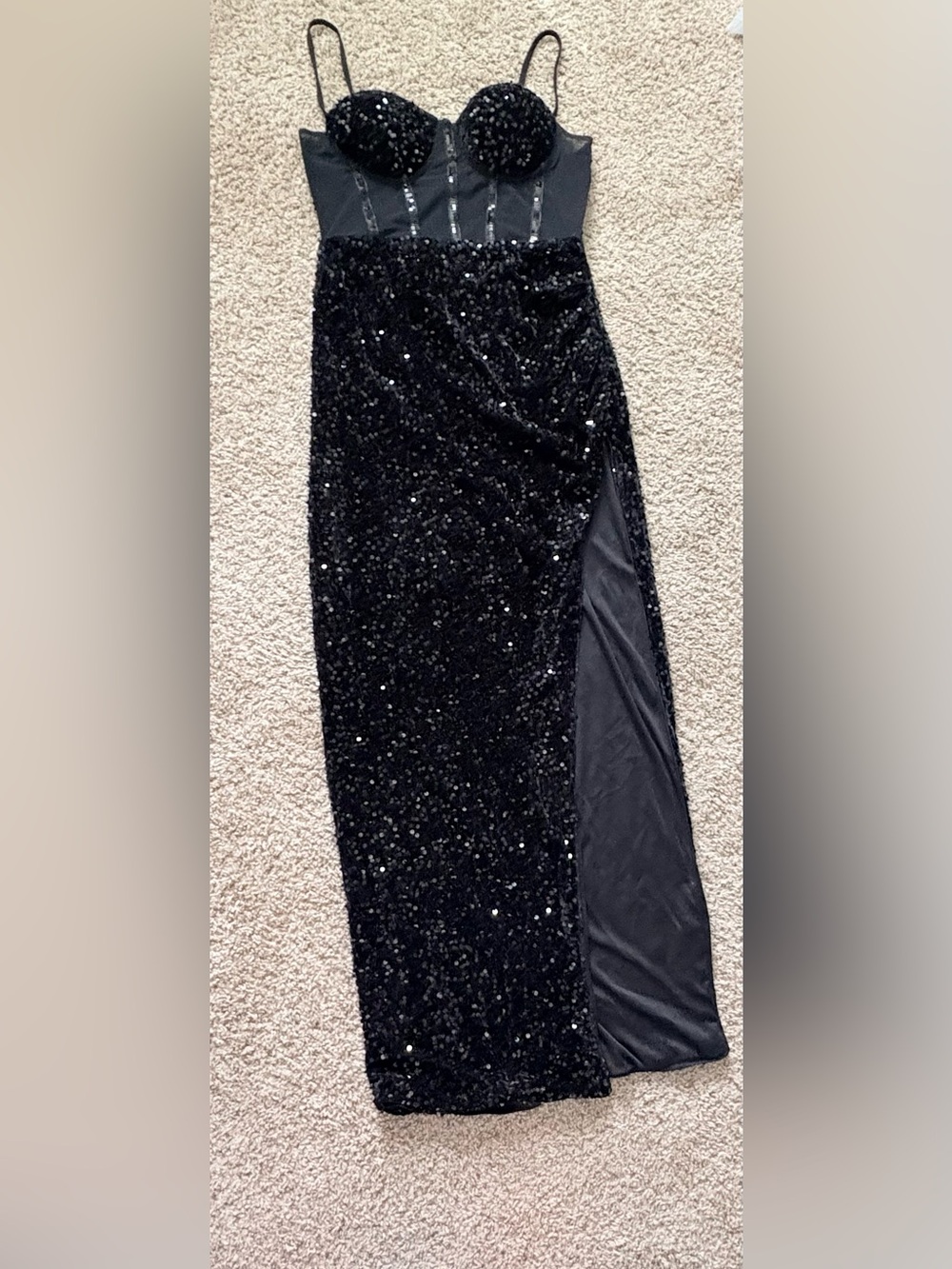 Black Sequin Corset Maxi Dress High Slit Evening Gown Size L USED